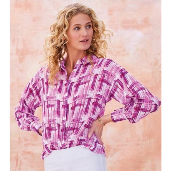 NEW Soft Surroundings M Absent Magenta Pink Metallic Sheer Button Porta Shirt - Picture 1 of 13